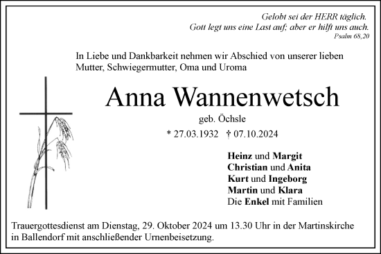 Traueranzeige von Anna Wannenwetsch von SÜDWEST PRESSE Ausgabe Ulm/Neu-Ulm