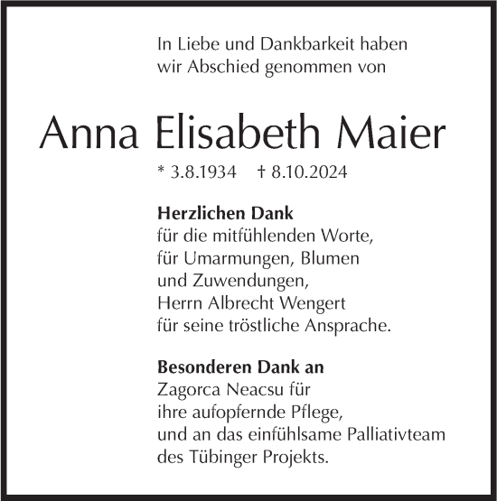 Traueranzeige von Anna Elisabeth Maier von Schwäbische Tagblatt