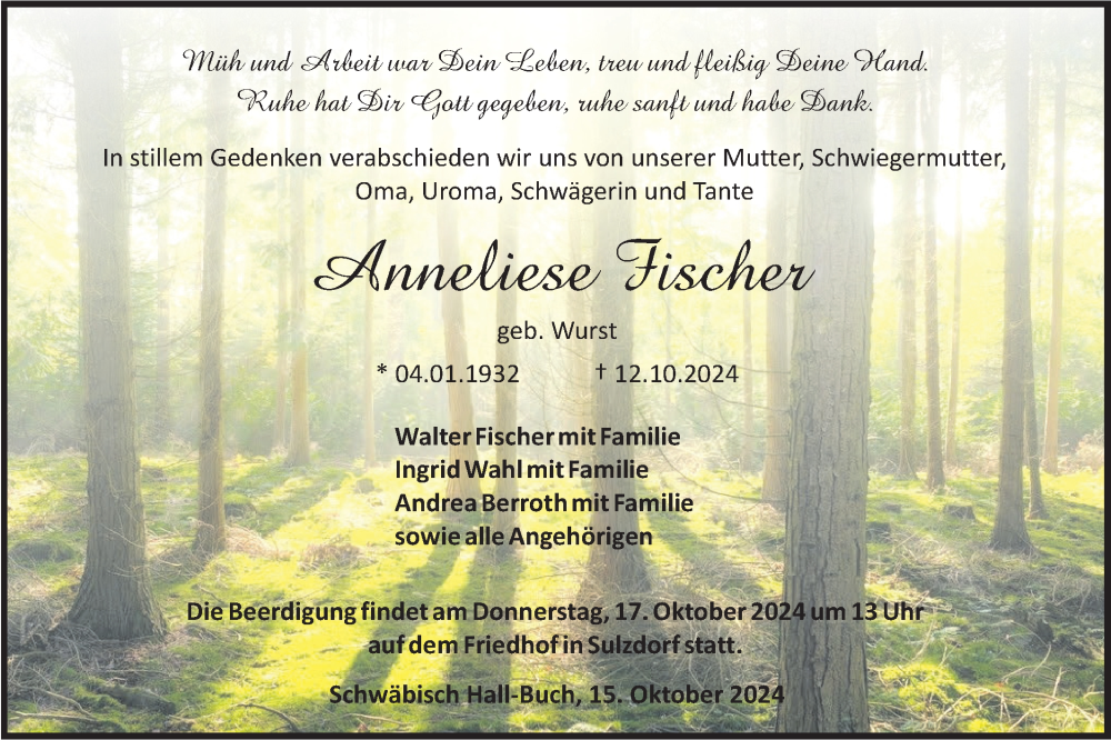  Traueranzeige für Anneliese Fischer vom 15.10.2024 aus Haller Tagblatt