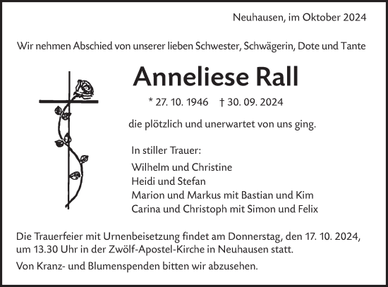 Traueranzeige von Anneliese Rall von Alb-Bote/Metzinger-Uracher Volksblatt