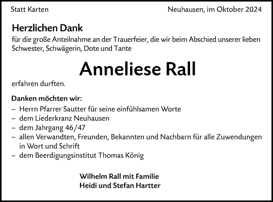 Traueranzeige von Anneliese Rall von Alb-Bote/Metzinger-Uracher Volksblatt