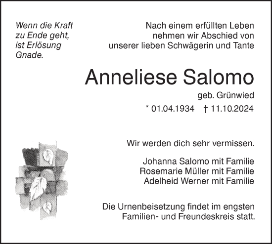 Traueranzeige von Anneliese Salomo von SÜDWEST PRESSE Ausgabe Ulm/Neu-Ulm/Neu-Ulmer Zeitung