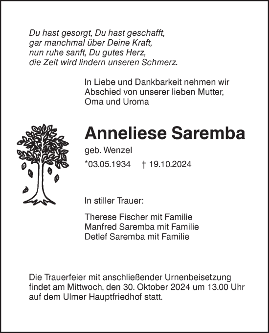 Traueranzeige von Anneliese Saremba von SÜDWEST PRESSE Ausgabe Ulm/Neu-Ulm