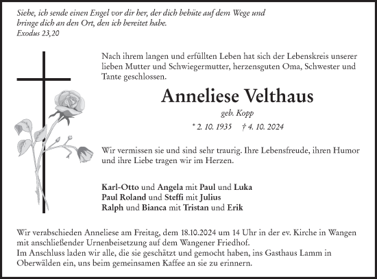 Traueranzeige von Anneliese Velthaus von NWZ Neue Württembergische Zeitung