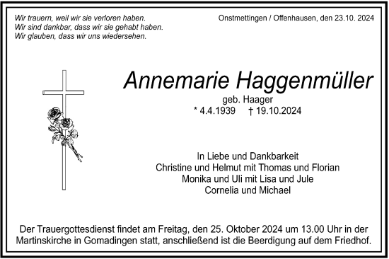 Traueranzeige von Annemarie Haggenmüller von Alb-Bote/Metzinger-Uracher Volksblatt