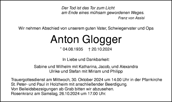 Traueranzeige von Anton Glogger von SÜDWEST PRESSE Ausgabe Ulm/Neu-Ulm/Neu-Ulmer Zeitung