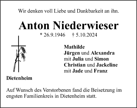 Traueranzeige von Anton Niederweiser von SÜDWEST PRESSE Ausgabe Ulm/Neu-Ulm