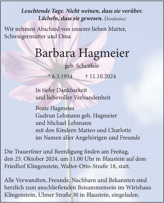 Traueranzeige von Barbara Hagmeier von SÜDWEST PRESSE Ausgabe Ulm/Neu-Ulm