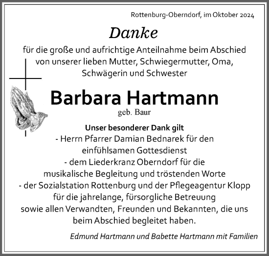 Traueranzeige von Barbara Hartmann von Schwäbische Tagblatt