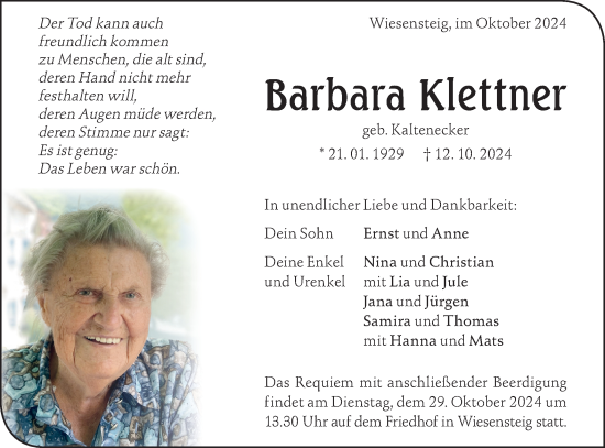 Traueranzeige von Barbara Klettner von Geislinger Zeitung