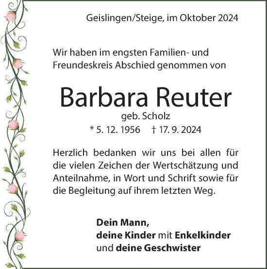 Traueranzeige von Barbara Reuter von Geislinger Zeitung