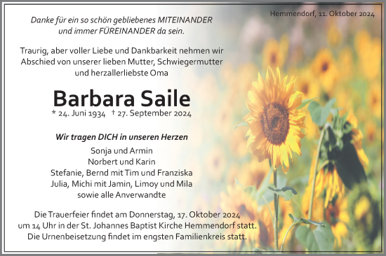 Traueranzeige von Barbara Saile von Schwäbische Tagblatt