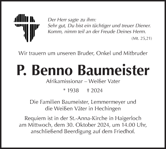 Traueranzeige von Benno Baumeister von SÜDWEST PRESSE Zollernalbkreis/Hohenzollerische Zeitung