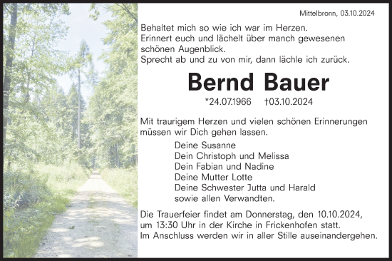 Traueranzeige von Bernd Bauer von Rundschau Gaildorf