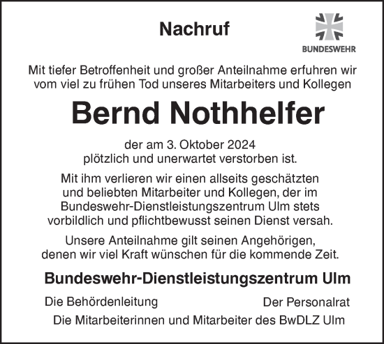 Traueranzeige von Bernd Nothhelfer von SÜDWEST PRESSE Ausgabe Ulm/Neu-Ulm