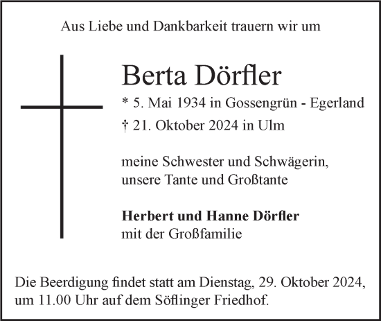 Traueranzeige von Berta Dörfler von SÜDWEST PRESSE Ausgabe Ulm/Neu-Ulm