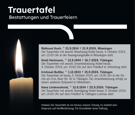 Traueranzeige von Bestattungen vom 04.10.2024 von Neckar-Chronik