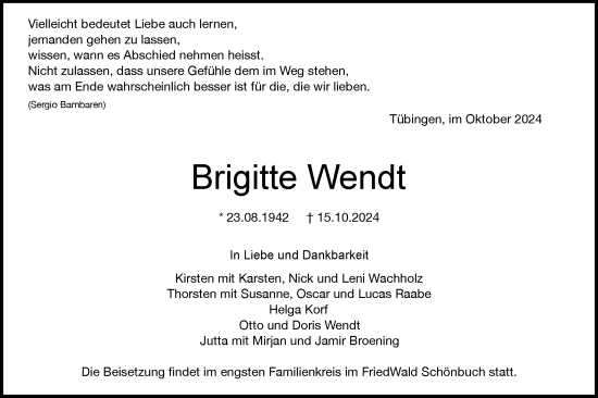 Traueranzeige von Brigitte Wendt von Schwäbische Tagblatt