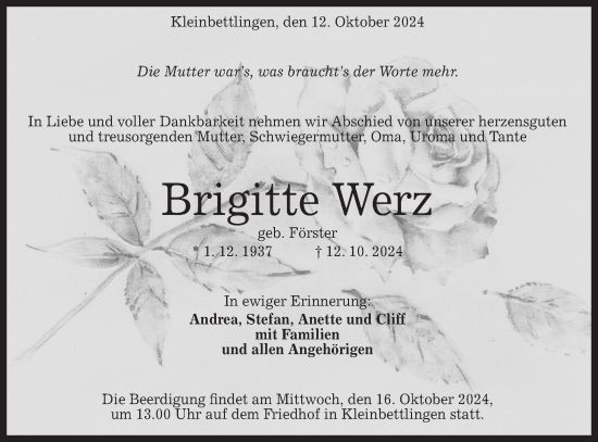 Traueranzeige von Brigitte Werz von Alb-Bote/Metzinger-Uracher Volksblatt