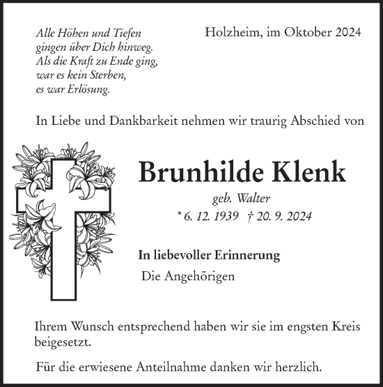 Traueranzeige von Brunhilde Klenk von NWZ Neue Württembergische Zeitung