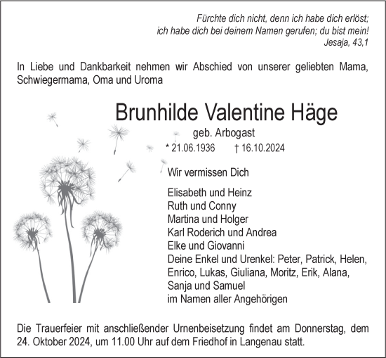 Traueranzeige von Brunhilde Valentine Häge von SÜDWEST PRESSE Ausgabe Ulm/Neu-Ulm