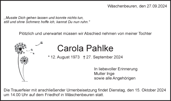 Traueranzeige von Carola Pahlke von NWZ Neue Württembergische Zeitung