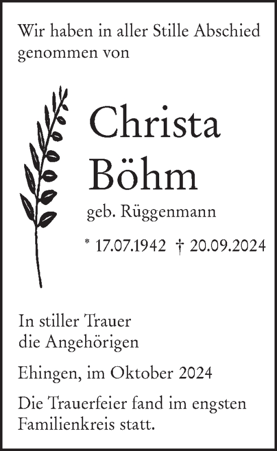 Traueranzeige von Christa Böhm von SÜDWEST PRESSE Ausgabe Ulm/Neu-Ulm