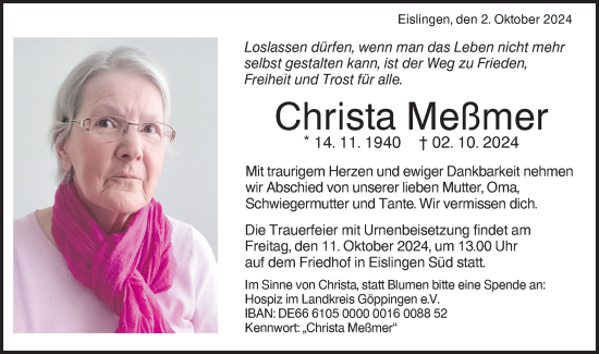 Traueranzeige von Christa Meßmer von NWZ Neue Württembergische Zeitung