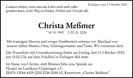 Traueranzeige von Christa Meßmer von NWZ Neue Württembergische Zeitung