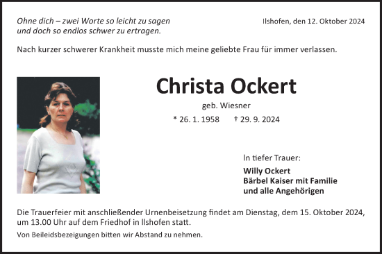 Traueranzeige von Christa Ockert von Haller Tagblatt