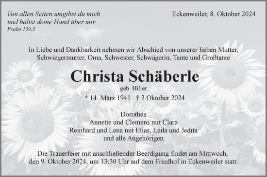 Traueranzeige von Christa Schäberle von Schwäbische Tagblatt