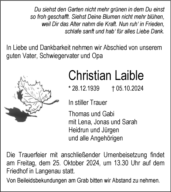 Traueranzeige von Christian Laible von SÜDWEST PRESSE Ausgabe Ulm/Neu-Ulm