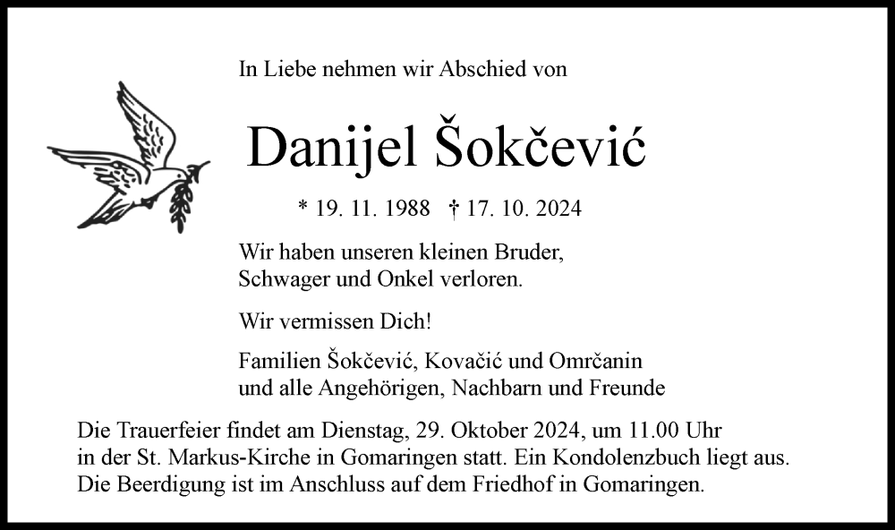  Traueranzeige für Danijel Sokcevic vom 23.10.2024 aus Schwäbische Tagblatt