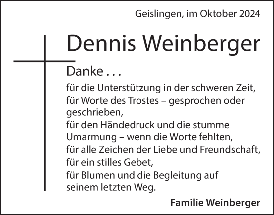 Traueranzeige von Dennis Weinberger von Geislinger Zeitung