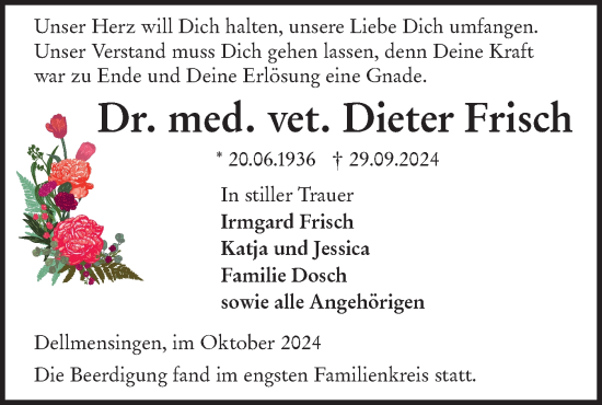 Traueranzeige von Dieter Frisch von SÜDWEST PRESSE Ausgabe Ulm/Neu-Ulm