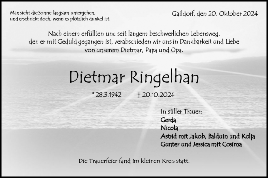 Traueranzeige von Dietmar Ringelhan von Rundschau Gaildorf