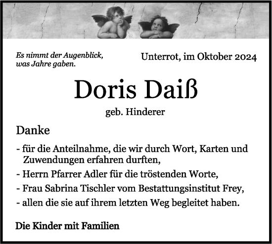 Traueranzeige von Doris Daiß von Rundschau Gaildorf