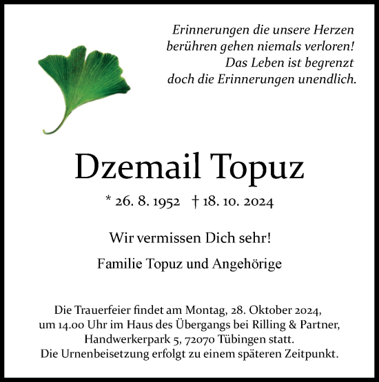 Traueranzeige von Dzemail Topuz von Schwäbische Tagblatt