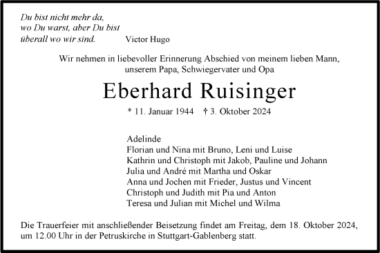 Traueranzeige von Eberhard Ruisinger von Schwäbische Tagblatt