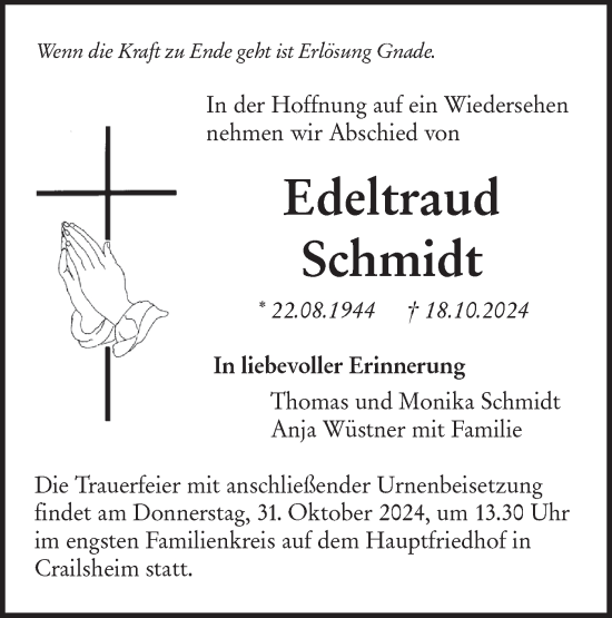 Traueranzeige von Edeltraud Schmidt von Hohenloher Tagblatt