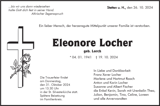 Traueranzeige von Eleonore Locher von SÜDWEST PRESSE Zollernalbkreis/Hohenzollerische Zeitung