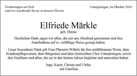 Traueranzeige von Elfriede Märkle von Schwäbische Tagblatt