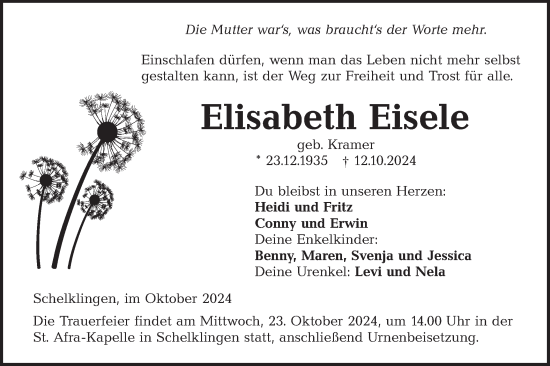 Traueranzeige von Elisabeth Eisele von Ehinger Tagblatt