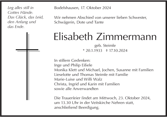 Traueranzeige von Elisabeth Zimmermann von Schwäbische Tagblatt