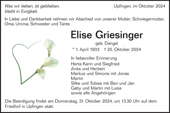 Traueranzeige von Elise Griesinger von Alb-Bote/Metzinger-Uracher Volksblatt