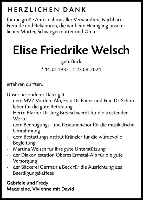 Traueranzeige von Elise Friedrike Welsch von Alb-Bote/Metzinger-Uracher Volksblatt