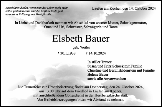 Traueranzeige von Elsbeth Bauer von Rundschau Gaildorf