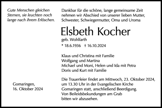 Traueranzeige von Elsbeth Kocher von Schwäbische Tagblatt