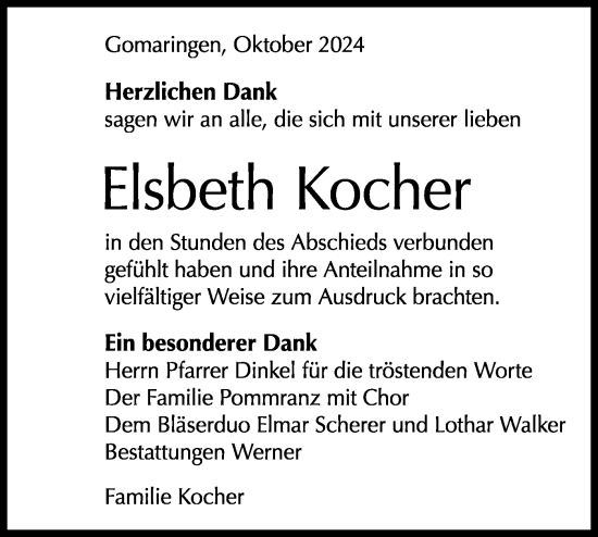 Traueranzeige von Elsbeth Kocher von Schwäbische Tagblatt