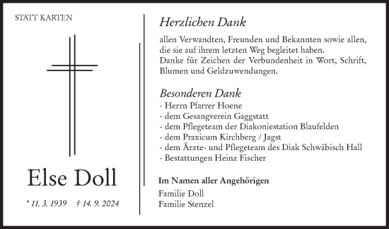 Traueranzeige von Else Doll von Hohenloher Tagblatt